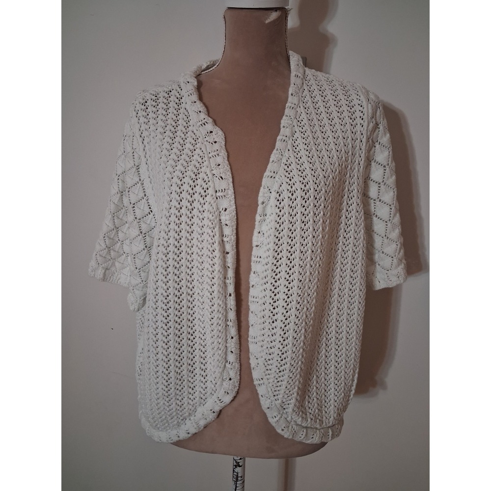 Catherines Womens 3X White Cotton Pointelle Knit Open Front Cardigan Sweater